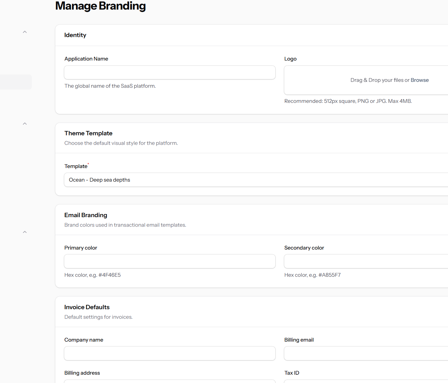 Brand management settings with template and identity controls